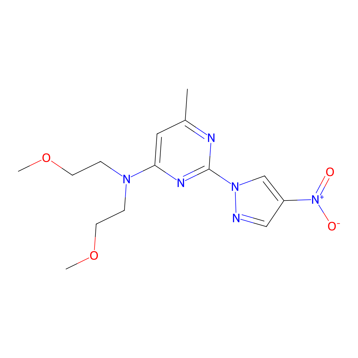 N,N-bis(2-methoxyethyl)-6-methyl-2-(4-nitro-1H-pyrazol-1-yl)pyrimidin-4-amine molecular structure, CAS 1001607-99-3