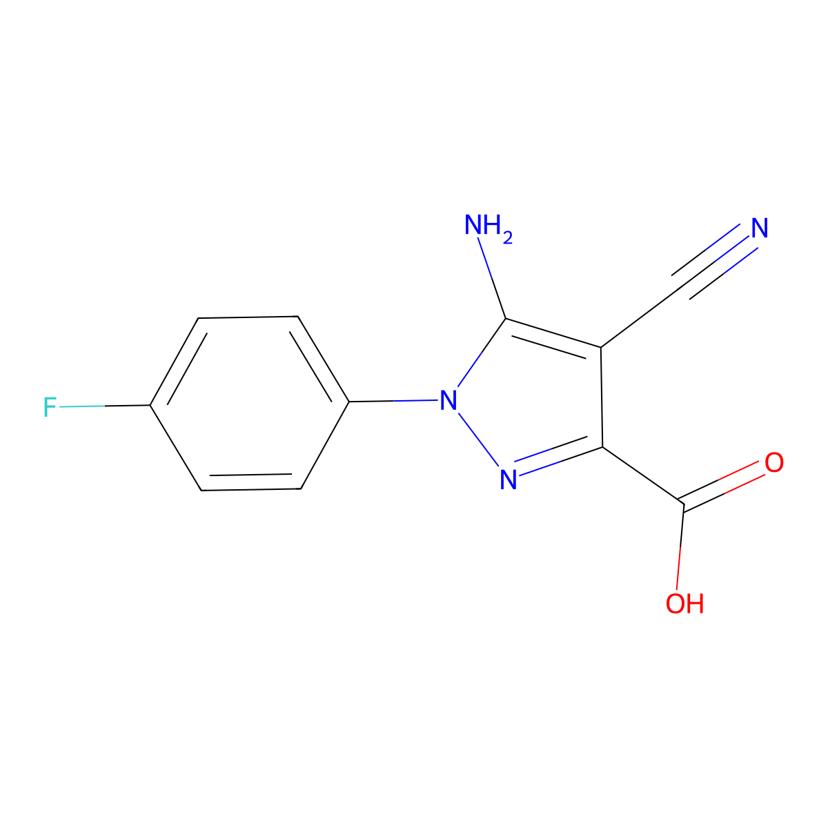 5-amino-4-cyano-1-(4-fluorophenyl)-1H-pyrazole-3-carboxylic acid molecular structure, CAS 1001665-66-2