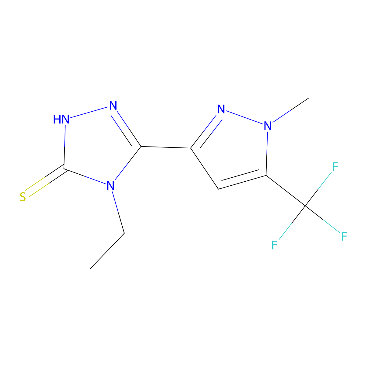 4-Ethyl-5-(1-methyl-5-(trifluoromethyl)-1H-pyrazol-3-yl)-4H-1,2,4-triazole-3-thiol molecular structure, CAS 1001756-37-1