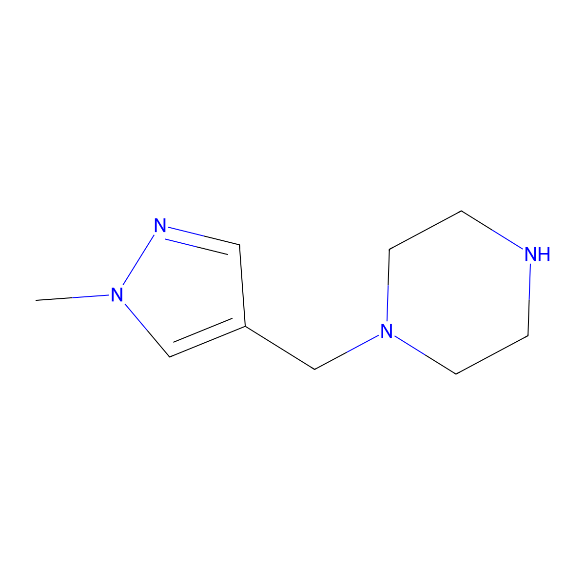 1-((1-Methyl-1H-pyrazol-4-yl)methyl)piperazine molecular structure, CAS 1001757-59-0