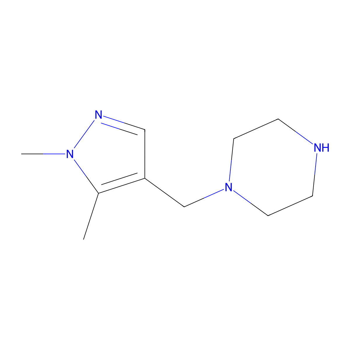 1-((1,5-Dimethyl-1H-pyrazol-4-yl)methyl)piperazine molecular structure, CAS 1001757-60-3