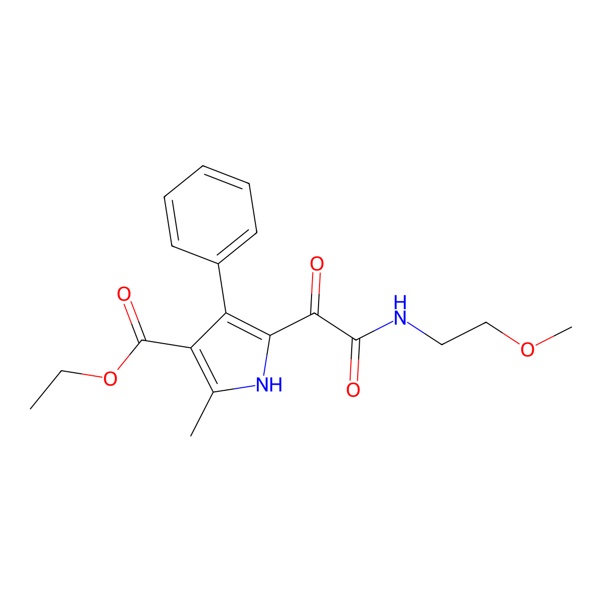 ethyl 5-(2-((2-methoxyethyl)amino)-2-oxoacetyl)-2-methyl-4-phenyl-1H-pyrrole-3-carboxylate molecular structure, CAS 1001763-69-4