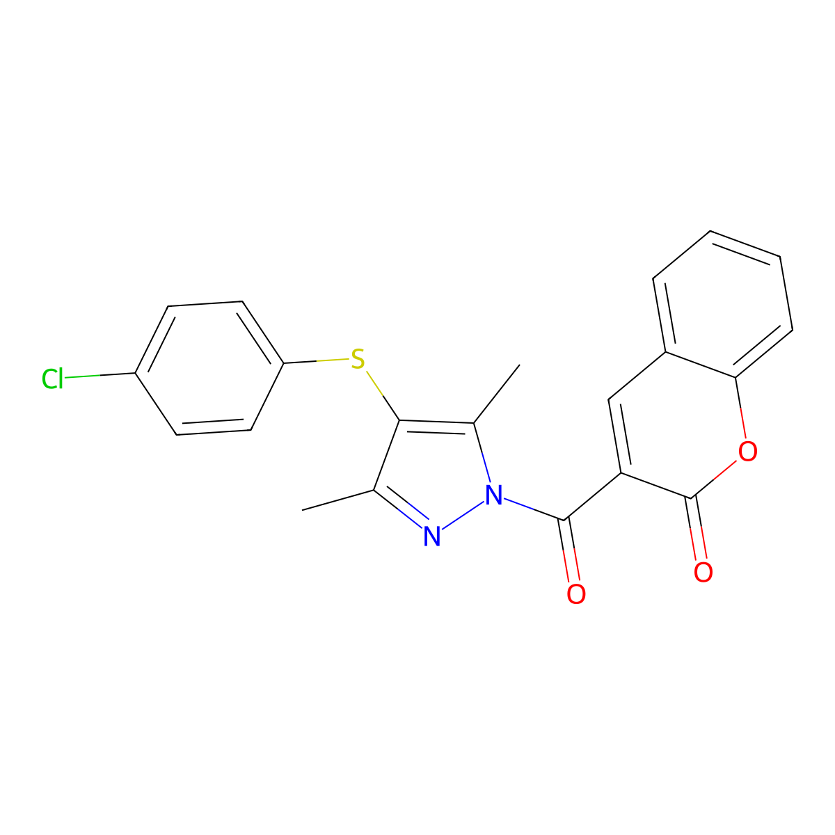 3-[4-(4-Chlorophenyl)sulfanyl-3,5-dimethylpyrazole-1-carbonyl]chromen-2-one molecular structure, CAS 1001785-68-7