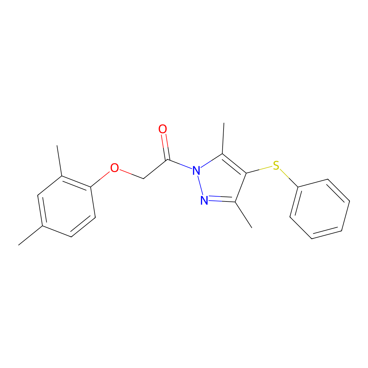 2-(2,4-Dimethylphenoxy)-1-(3,5-dimethyl-4-phenylsulfanylpyrazol-1-yl)ethanone molecular structure, CAS 1001785-74-5