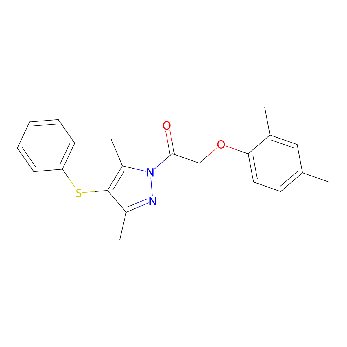 2-(2,4-Dimethylphenoxy)-1-(3,5-dimethyl-4-phenylsulfanylpyrazol-1-yl)ethanone molecular structure, CAS 1001785-74-5