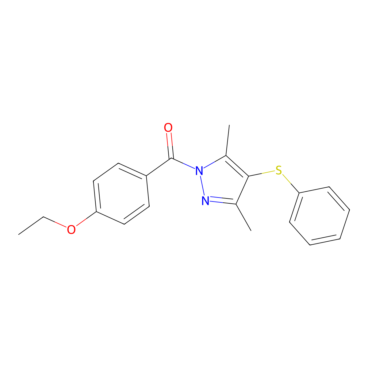 (3,5-Dimethyl-4-phenylsulfanylpyrazol-1-yl)-(4-ethoxyphenyl)methanone molecular structure, CAS 1001785-96-1