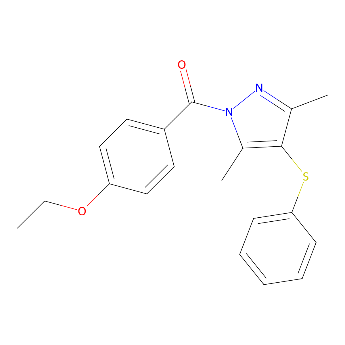 (3,5-Dimethyl-4-phenylsulfanylpyrazol-1-yl)-(4-ethoxyphenyl)methanone molecular structure, CAS 1001785-96-1