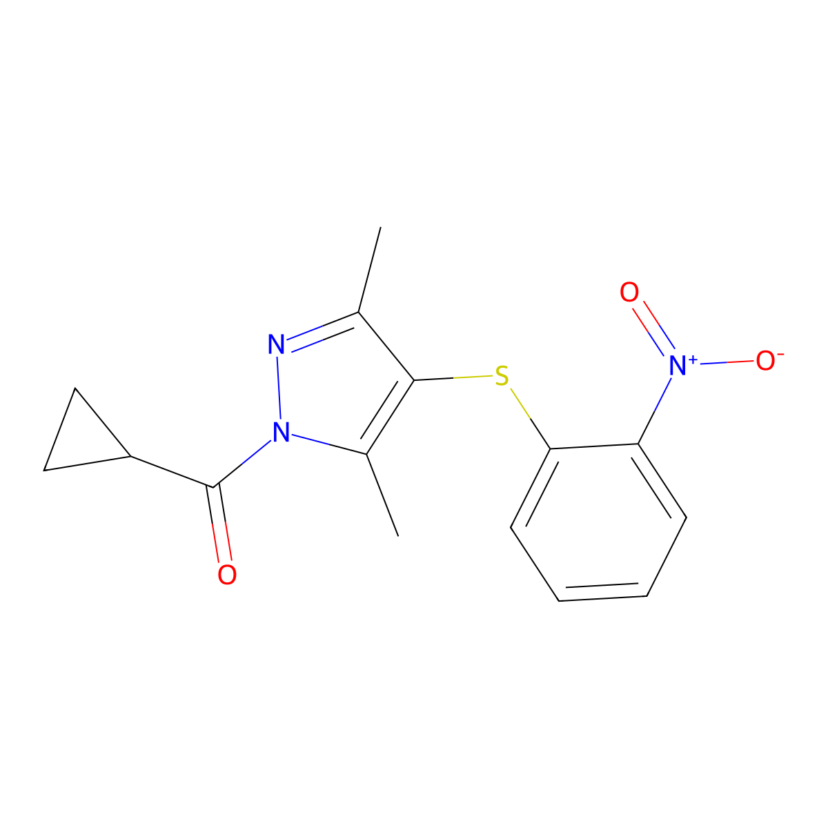 Cyclopropyl-[3,5-dimethyl-4-(2-nitrophenyl)sulfanylpyrazol-1-yl]methanone molecular structure, CAS 1001786-02-2