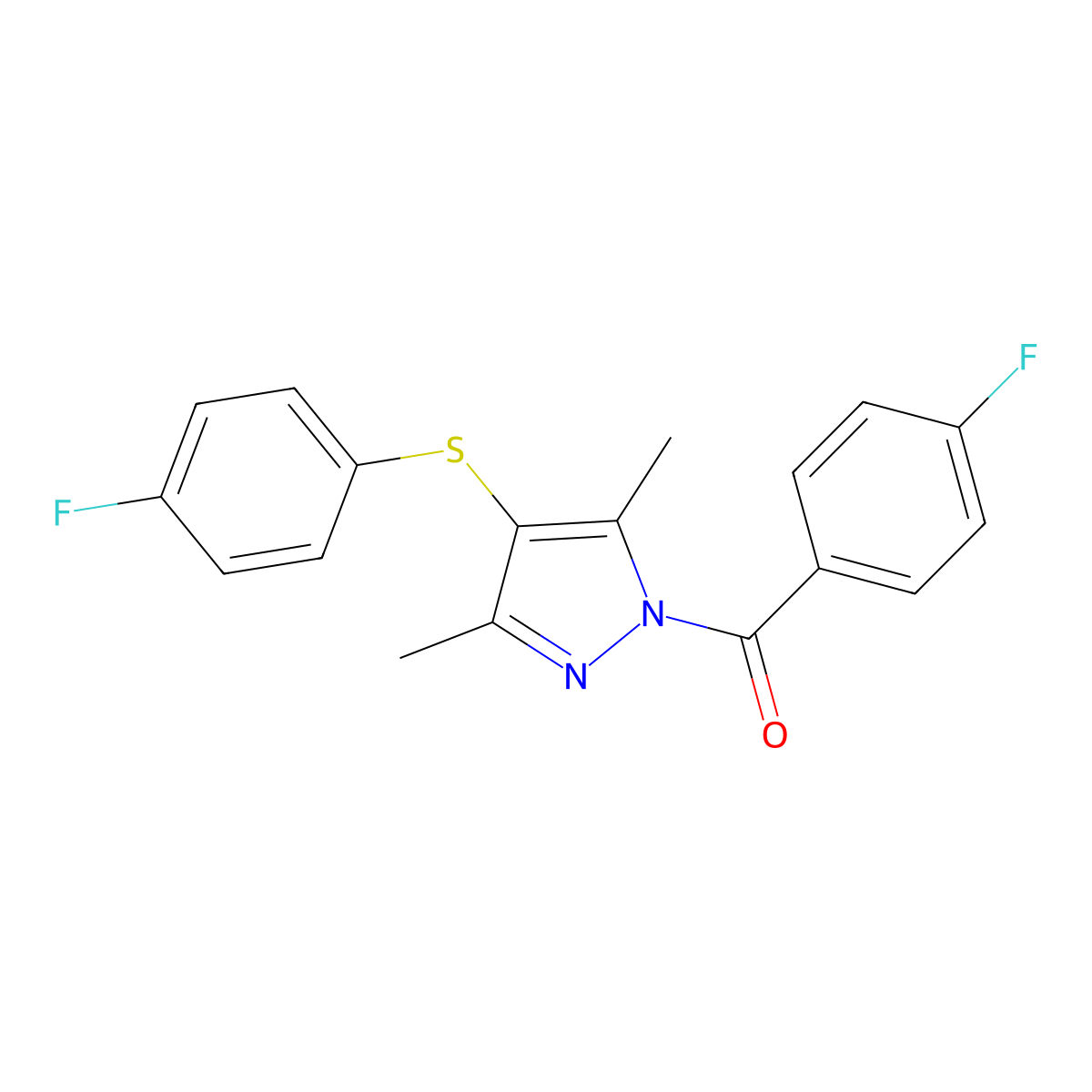 (4-Fluorophenyl)-[4-(4-fluorophenyl)sulfanyl-3,5-dimethylpyrazol-1-yl]methanone molecular structure, CAS 1001786-06-6