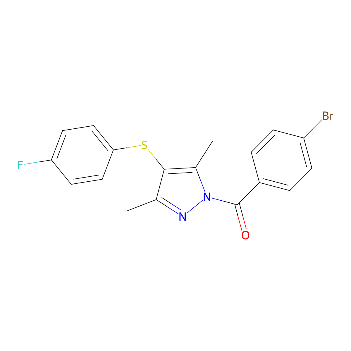 (4-Bromophenyl)-[4-(4-fluorophenyl)sulfanyl-3,5-dimethylpyrazol-1-yl]methanone molecular structure, CAS 1001786-09-9