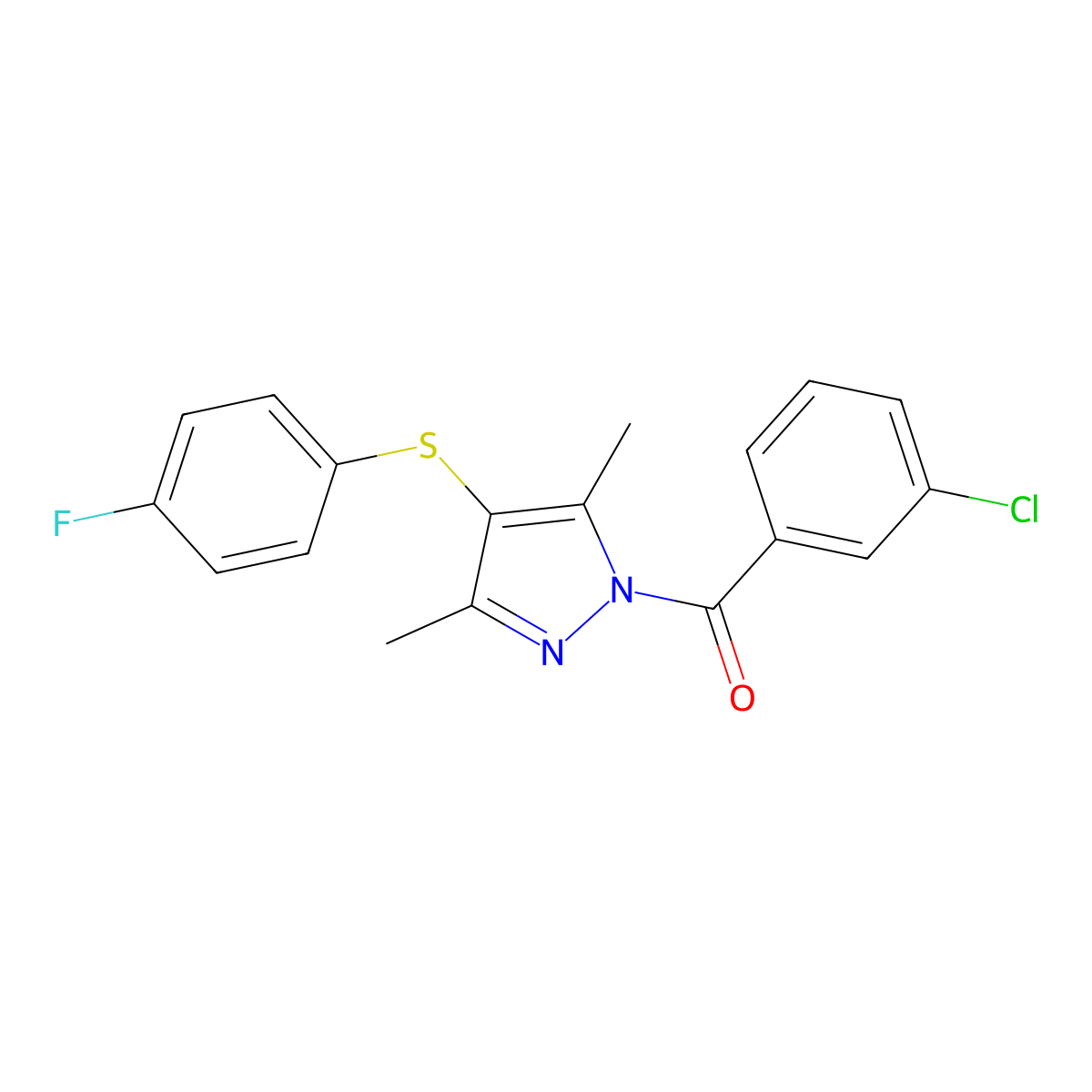 (3-Chlorophenyl)-[4-(4-fluorophenyl)sulfanyl-3,5-dimethylpyrazol-1-yl]methanone molecular structure, CAS 1001786-13-5