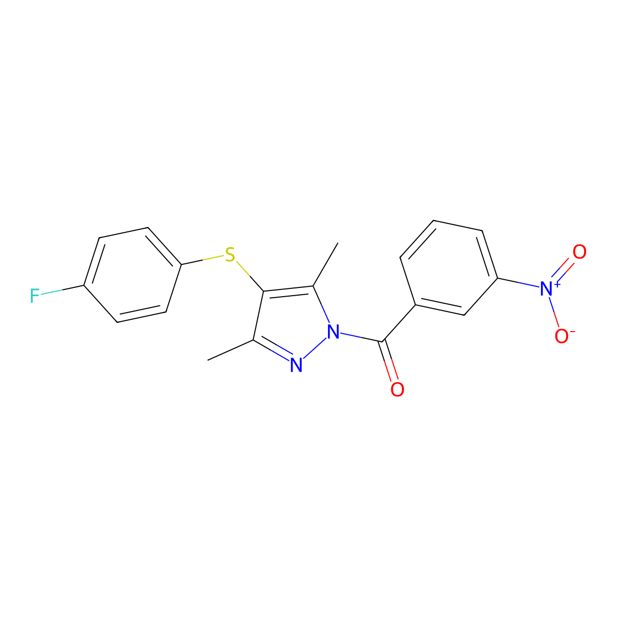 [4-(4-Fluorophenyl)sulfanyl-3,5-dimethylpyrazol-1-yl]-(3-nitrophenyl)methanone molecular structure, CAS 1001786-16-8