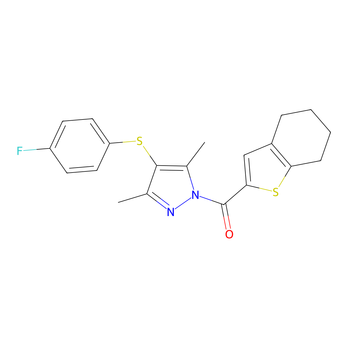 [4-(4-Fluorophenyl)sulfanyl-3,5-dimethylpyrazol-1-yl]-(4,5,6,7-tetrahydro-1-benzothiophen-2-yl)methanone molecular structure, CAS 1001786-18-0