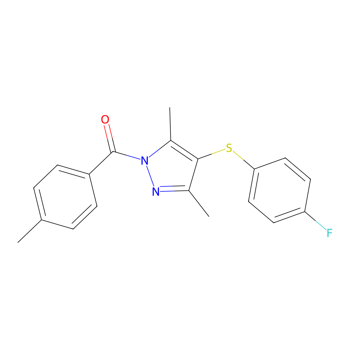 [4-(4-Fluorophenyl)sulfanyl-3,5-dimethylpyrazol-1-yl]-(4-methylphenyl)methanone molecular structure, CAS 1001786-21-5