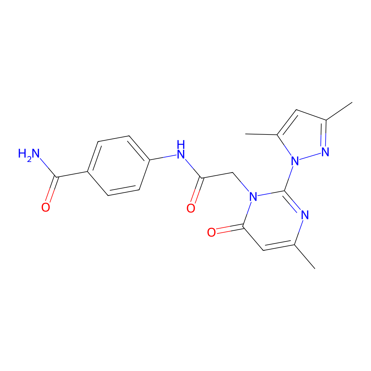 4-(2-(2-(3,5-dimethyl-1H-pyrazol-1-yl)-4-methyl-6-oxopyrimidin-1(6H)-yl)acetamido)benzamide molecular structure, CAS 1001798-31-7