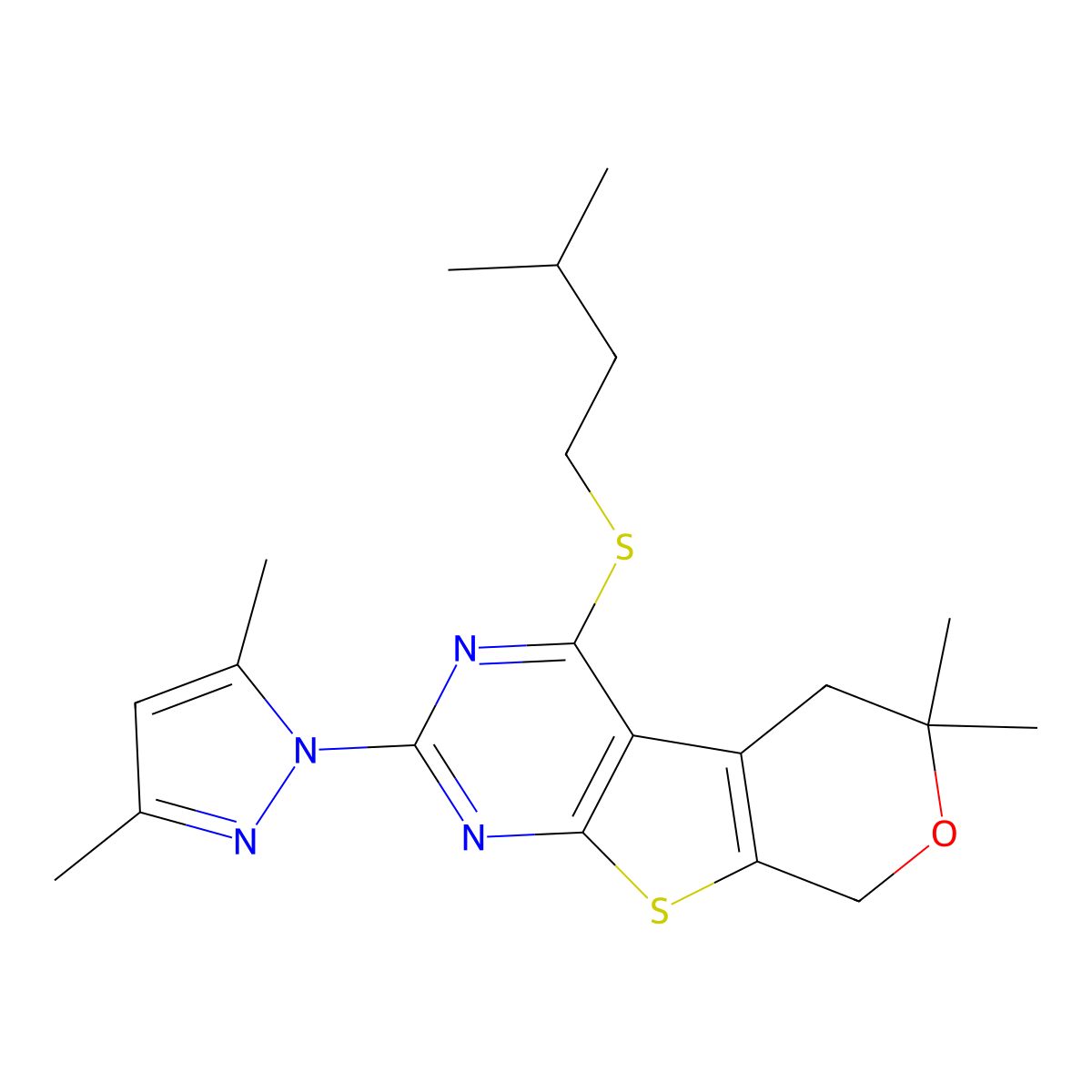 5-(3,5-Dimethylpyrazol-1-yl)-12,12-dimethyl-3-(3-methylbutylsulfanyl)-11-oxa-8-thia-4,6-diazatricyclo[7.4.0.02,7]trideca-1(9),2(7),3,5-tetraene molecular structure, CAS 1001818-57-0