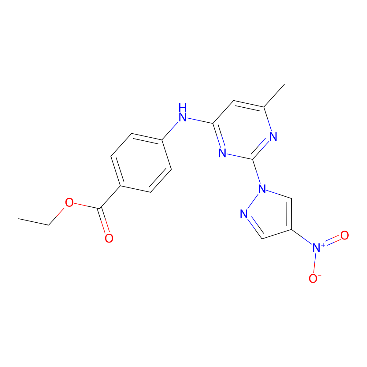 Ethyl 4-[[6-methyl-2-(4-nitropyrazol-1-yl)pyrimidin-4-yl]amino]benzoate molecular structure, CAS 1001829-93-1