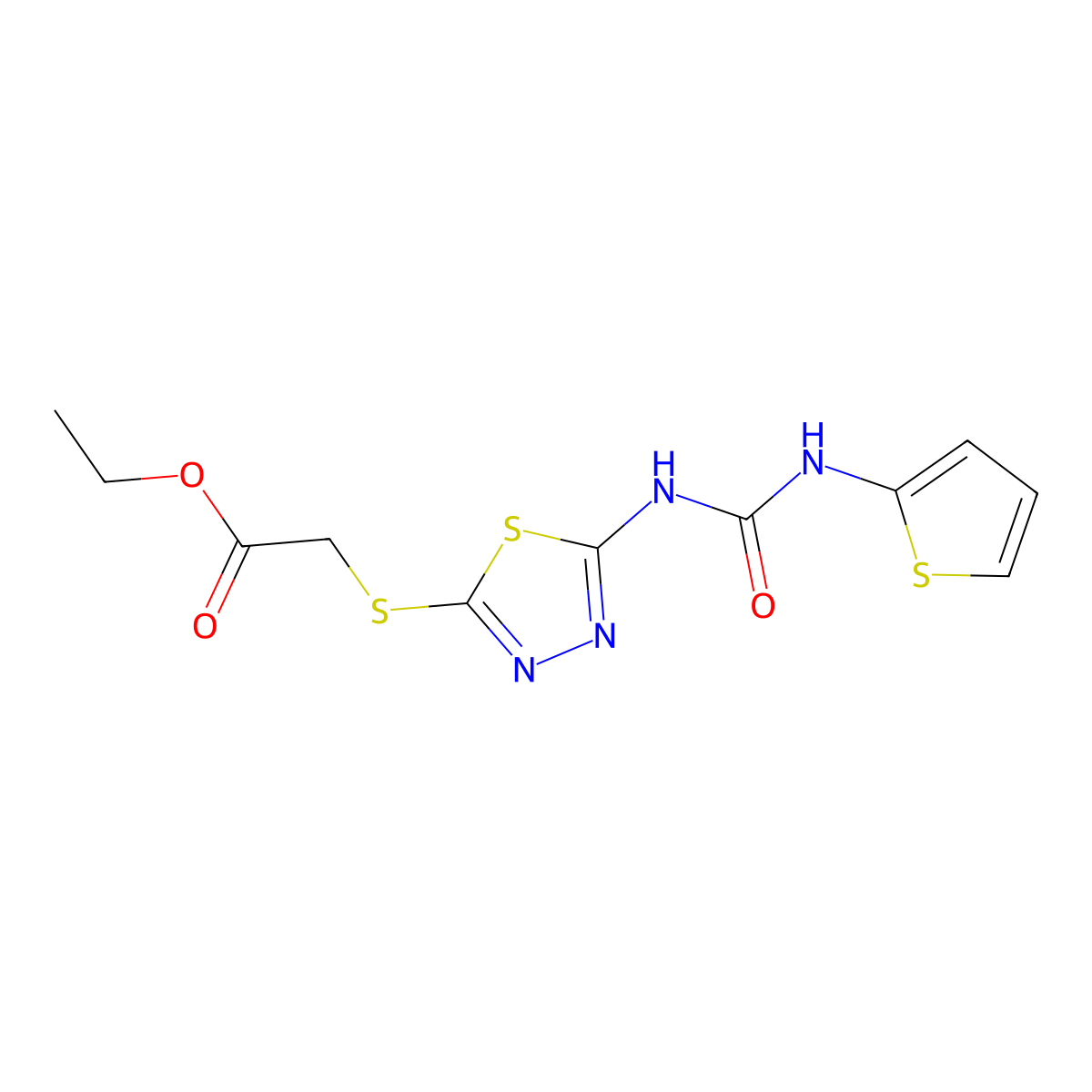 Ethyl 2-((5-(3-(thiophen-2-yl)ureido)-1,3,4-thiadiazol-2-yl)thio)acetate molecular structure, CAS 1001830-00-7
