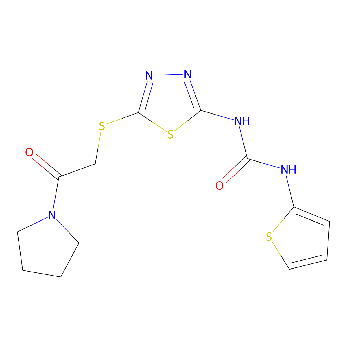 1-(5-((2-Oxo-2-(pyrrolidin-1-yl)ethyl)thio)-1,3,4-thiadiazol-2-yl)-3-(thiophen-2-yl)urea molecular structure, CAS 1001831-52-2