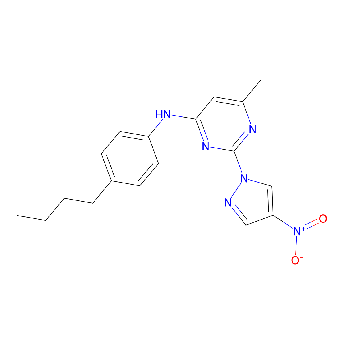 N-(4-butylphenyl)-6-methyl-2-(4-nitro-1H-pyrazol-1-yl)pyrimidin-4-amine molecular structure, CAS 1001832-07-0