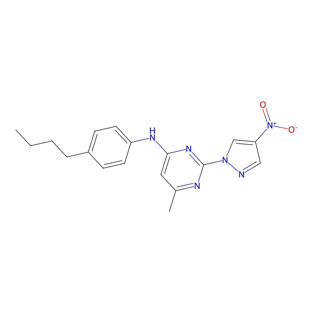 N-(4-butylphenyl)-6-methyl-2-(4-nitro-1H-pyrazol-1-yl)pyrimidin-4-amine molecular structure, CAS 1001832-07-0