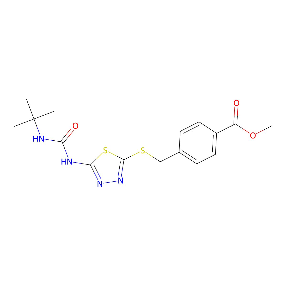 Methyl 4-(((5-(3-(tert-butyl)ureido)-1,3,4-thiadiazol-2-yl)thio)methyl)benzoate molecular structure, CAS 1001882-01-4
