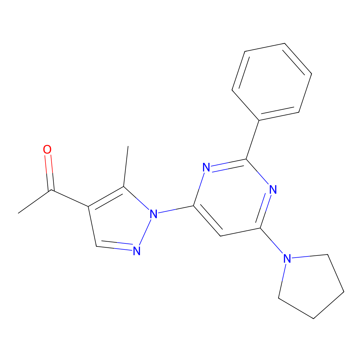 1-[5-Methyl-1-(2-phenyl-6-pyrrolidin-1-ylpyrimidin-4-yl)pyrazol-4-yl]ethanone molecular structure, CAS 1001942-44-4