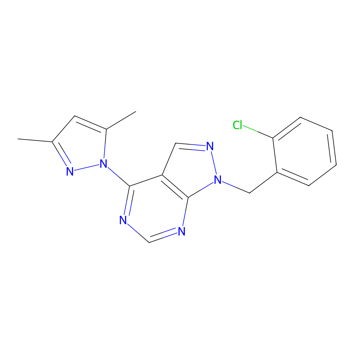 1-(2-chlorobenzyl)-4-(3,5-dimethyl-1H-pyrazol-1-yl)-1H-pyrazolo[3,4-d]pyrimidine molecular structure, CAS 1001991-19-0