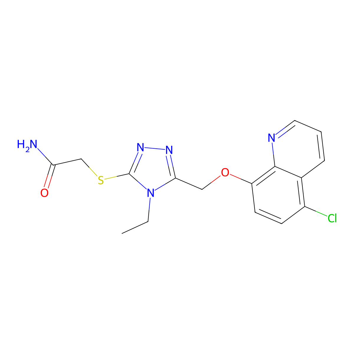 2-[(5-{[(5-chloroquinolin-8-yl)oxy]methyl}-4-ethyl-4H-1,2,4-triazol-3-yl)sulfanyl]acetamide molecular structure, CAS 1002008-36-7