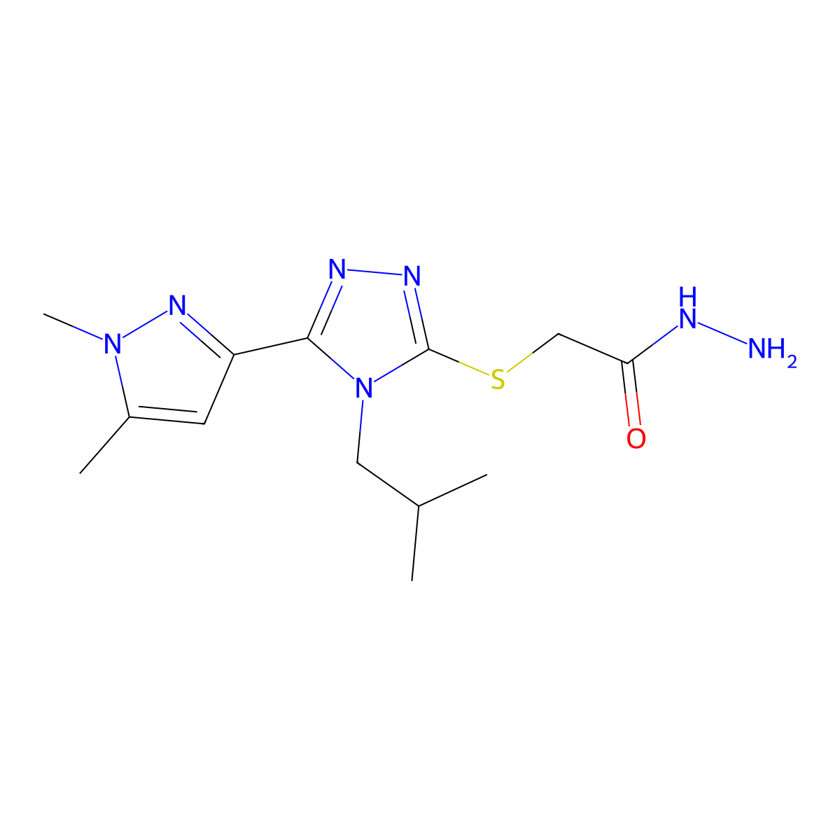 2-{[5-(1,5-Dimethyl-1H-pyrazol-3-YL)-4-isobutyl-4H-1,2,4-triazol-3-YL]thio}acetohydrazide molecular structure, CAS 1002032-59-8
