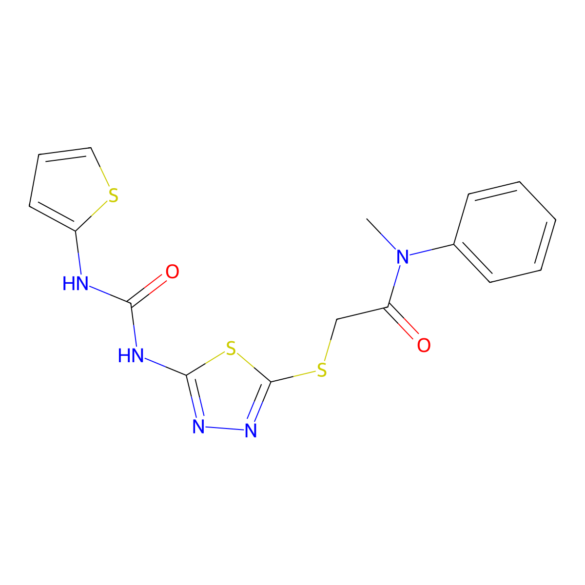 N-methyl-N-phenyl-2-((5-(3-(thiophen-2-yl)ureido)-1,3,4-thiadiazol-2-yl)thio)acetamide molecular structure, CAS 1002041-28-2