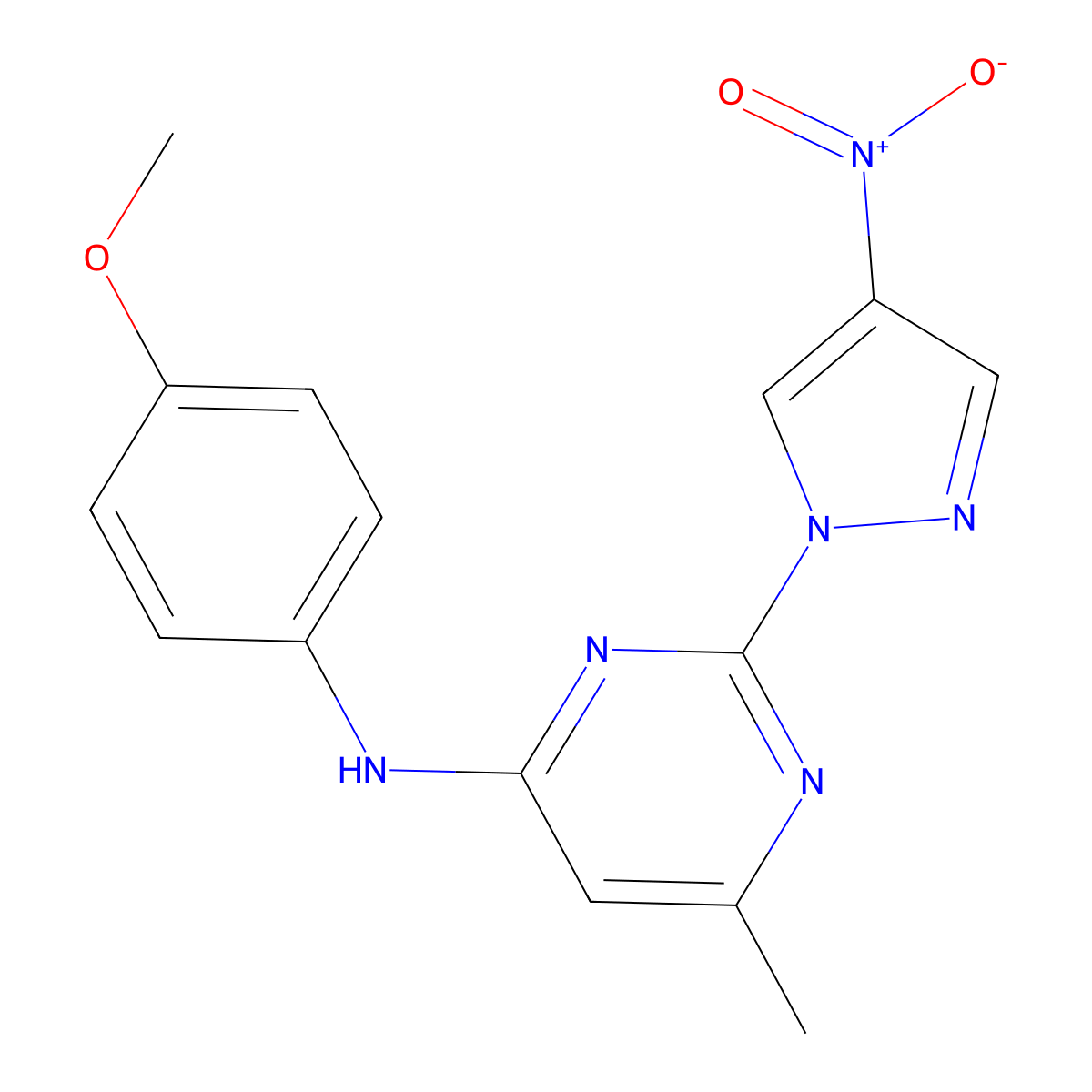 N-(4-methoxyphenyl)-6-methyl-2-(4-nitro-1H-pyrazol-1-yl)pyrimidin-4-amine molecular structure, CAS 1002041-75-9