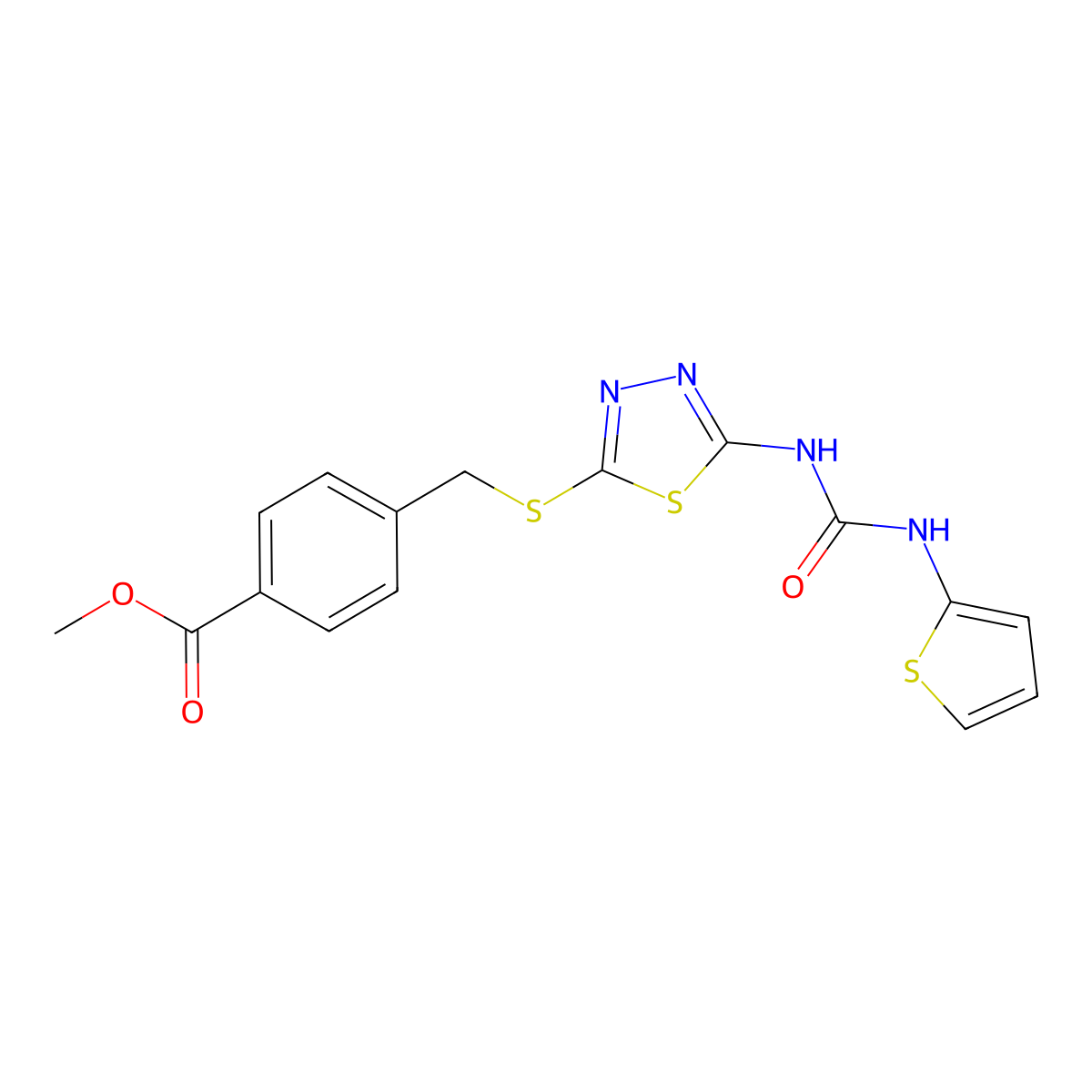 Methyl 4-(((5-(3-(thiophen-2-yl)ureido)-1,3,4-thiadiazol-2-yl)thio)methyl)benzoate molecular structure, CAS 1002041-83-9