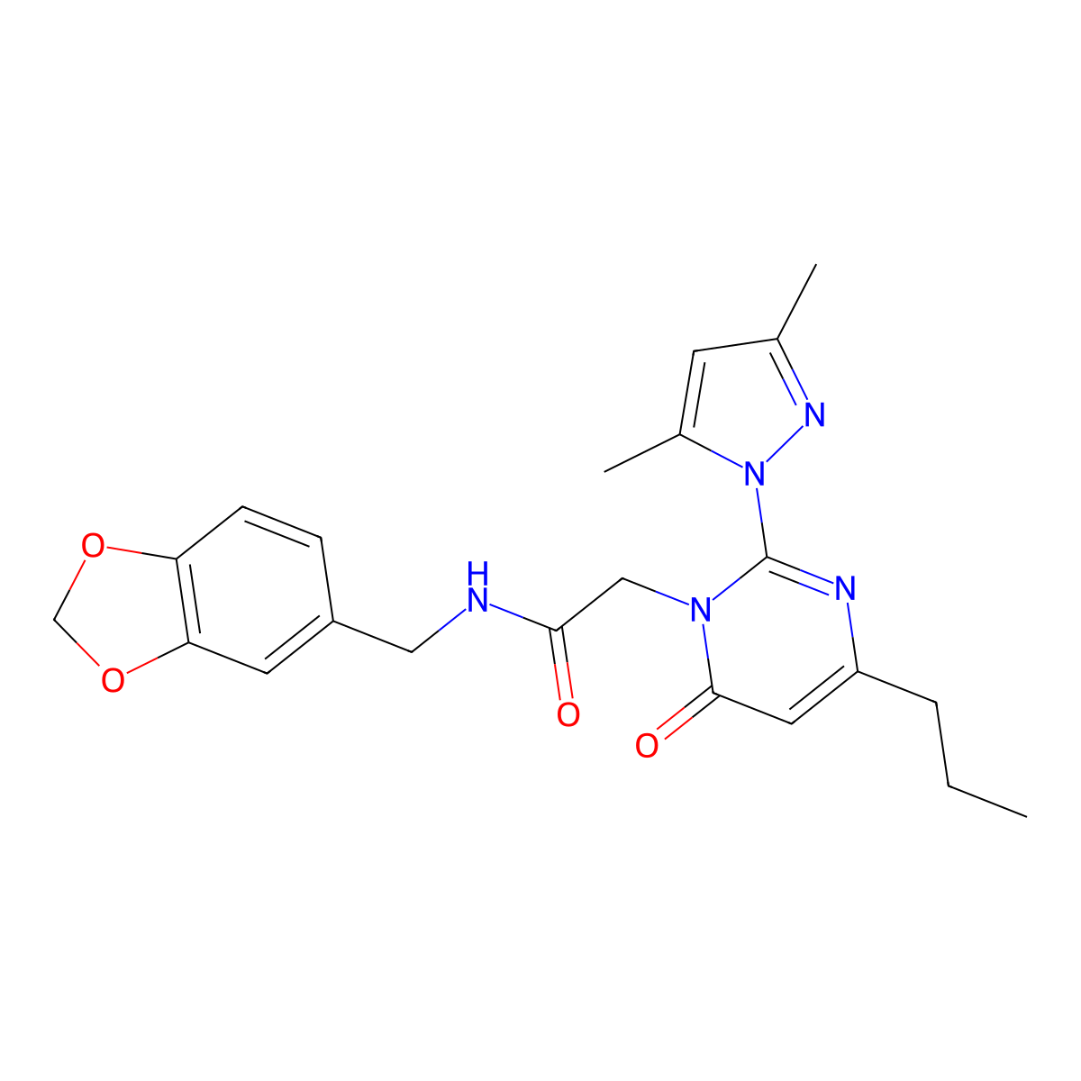 N-(benzo[d][1,3]dioxol-5-ylmethyl)-2-(2-(3,5-dimethyl-1H-pyrazol-1-yl)-6-oxo-4-propylpyrimidin-1(6H)-yl)acetamide molecular structure, CAS 1002041-85-1