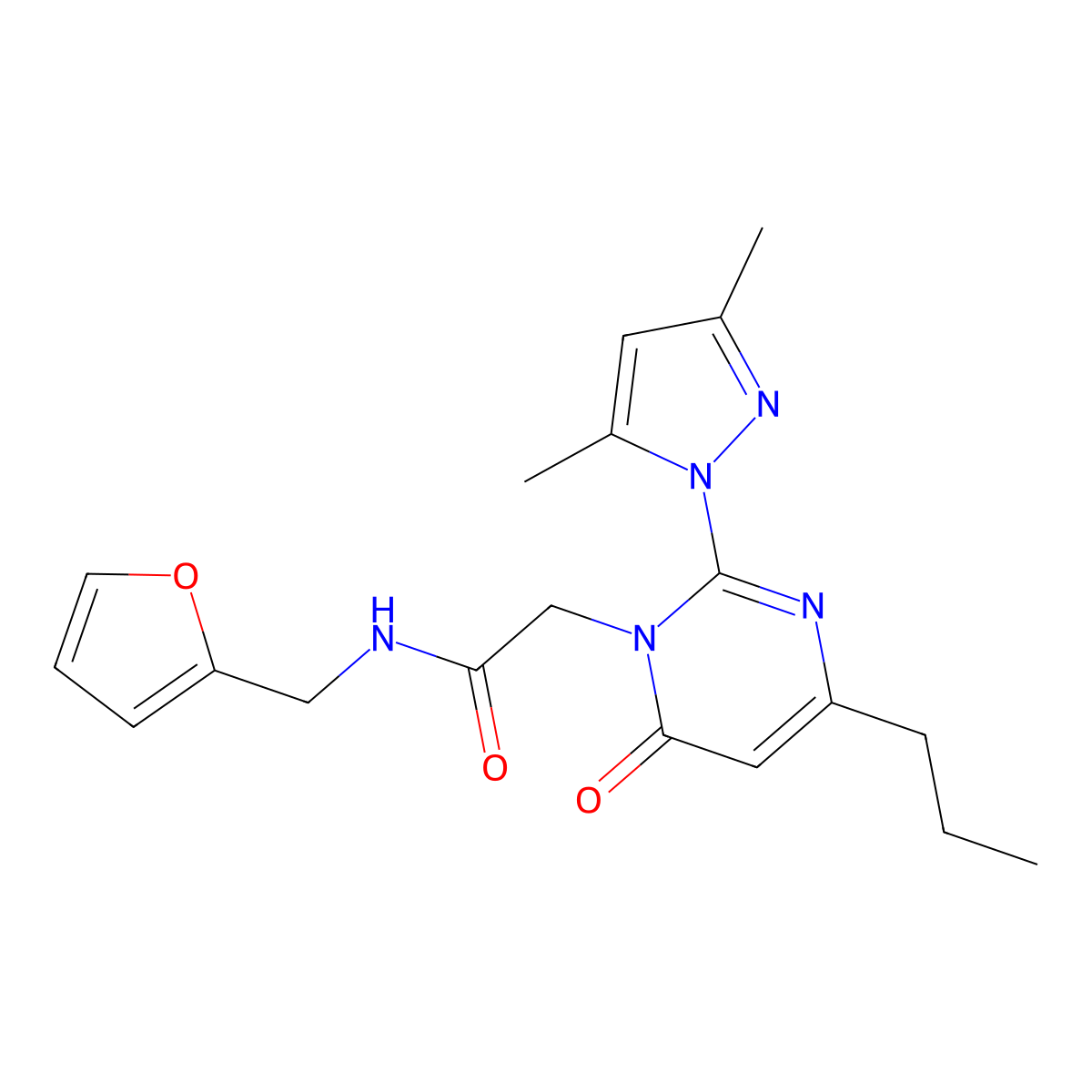 2-[2-(3,5-dimethyl-1H-pyrazol-1-yl)-6-oxo-4-propyl-1,6-dihydropyrimidin-1-yl]-N-[(furan-2-yl)methyl]acetamide molecular structure, CAS 1002042-07-0