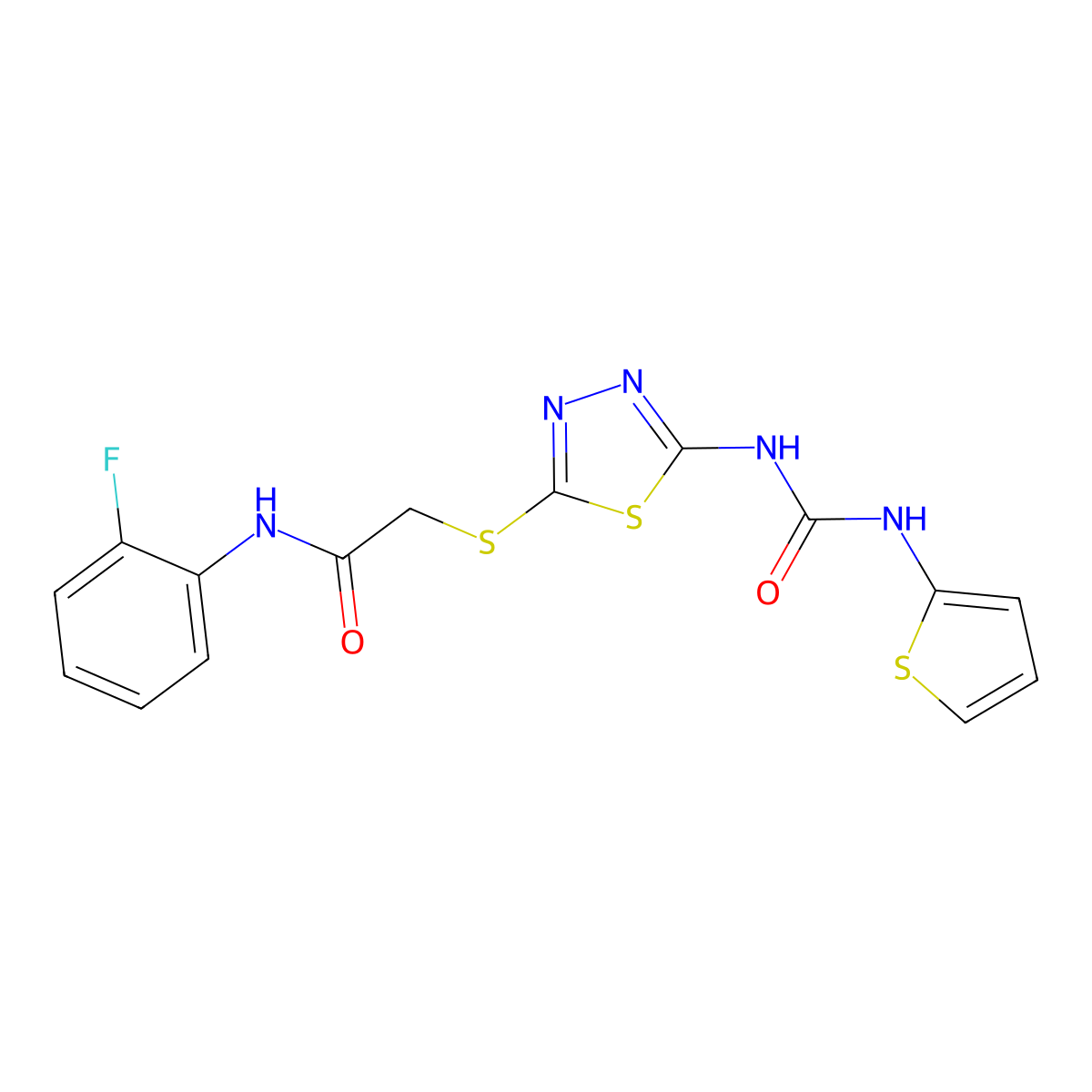 N-(2-fluorophenyl)-2-((5-(3-(thiophen-2-yl)ureido)-1,3,4-thiadiazol-2-yl)thio)acetamide molecular structure, CAS 1002042-10-5