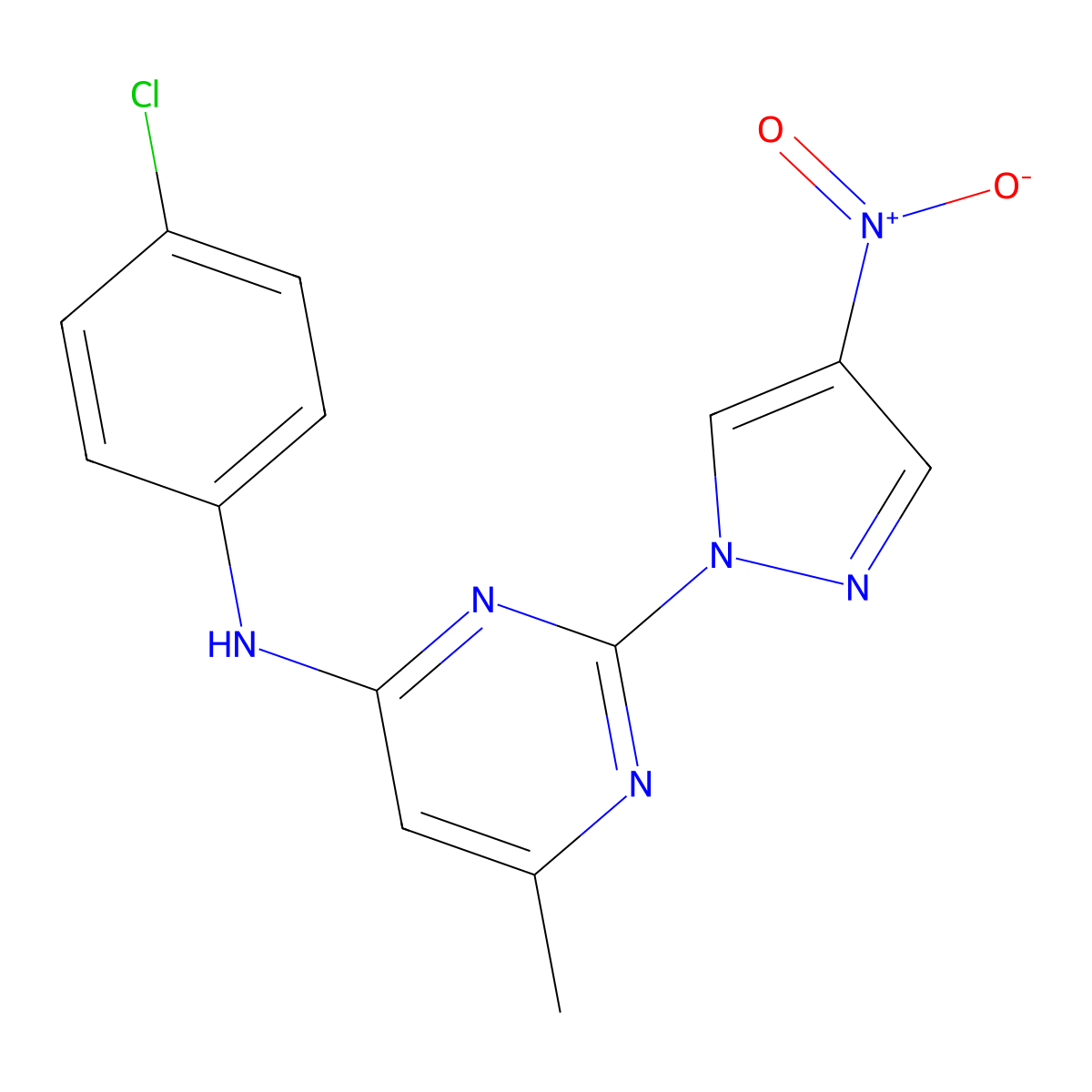 N-(4-chlorophenyl)-6-methyl-2-(4-nitro-1H-pyrazol-1-yl)pyrimidin-4-amine molecular structure, CAS 1002042-13-8