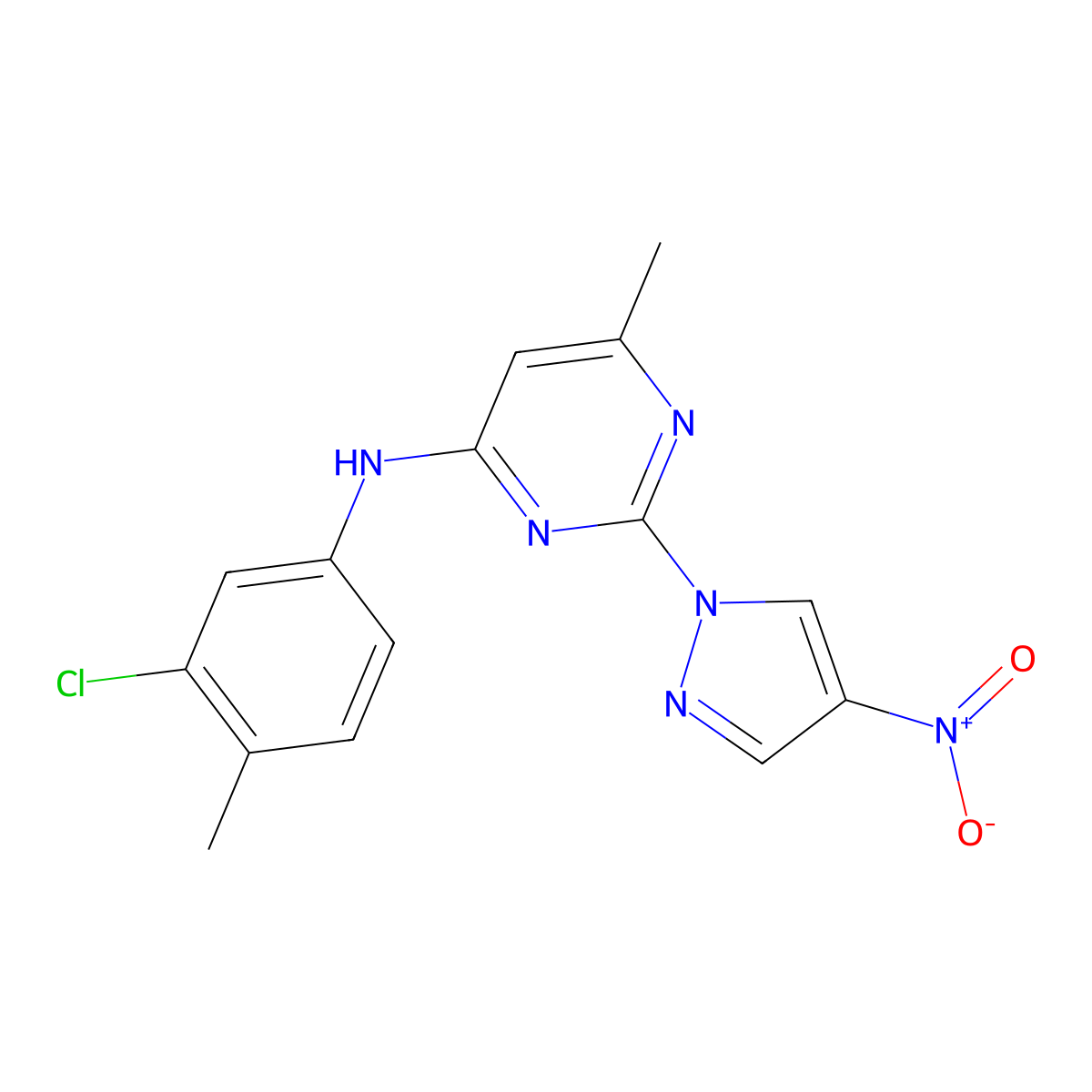 N-(3-chloro-4-methylphenyl)-6-methyl-2-(4-nitro-1H-pyrazol-1-yl)pyrimidin-4-amine molecular structure, CAS 1002042-87-6