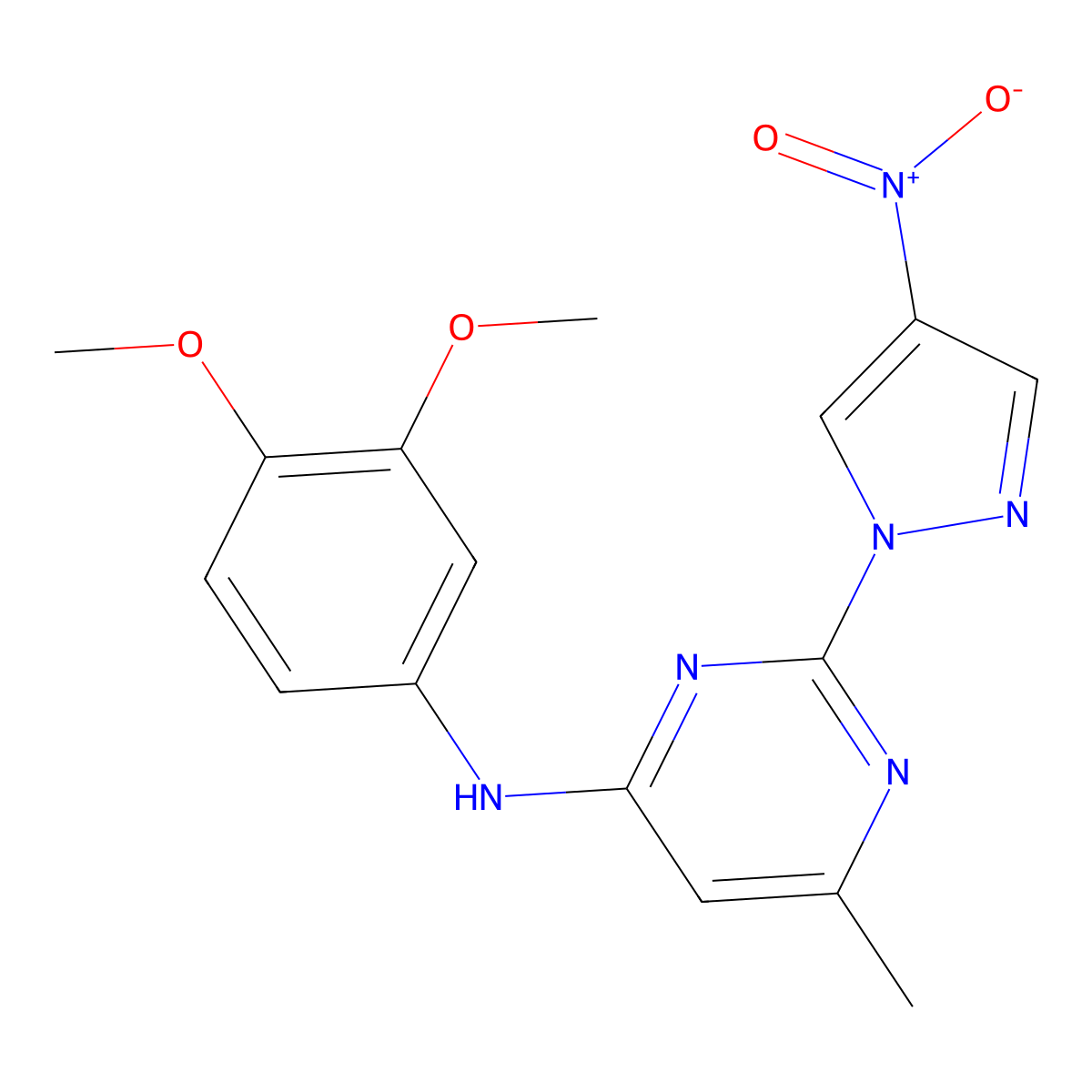 N-(3,4-dimethoxyphenyl)-6-methyl-2-(4-nitro-1H-pyrazol-1-yl)pyrimidin-4-amine molecular structure, CAS 1002043-04-0