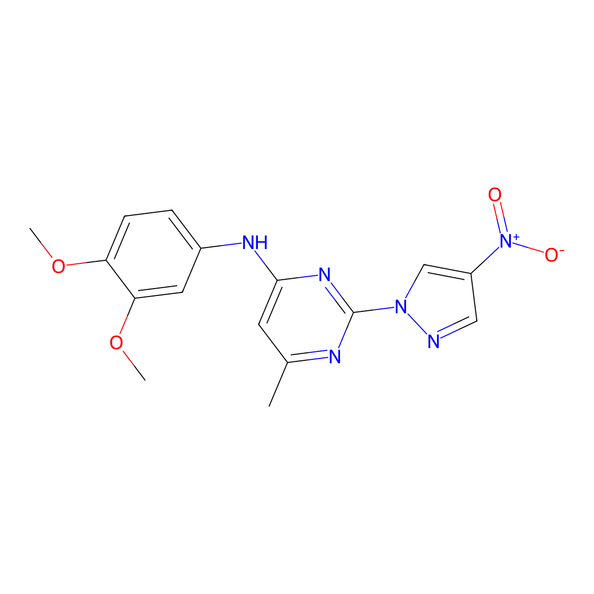 N-(3,4-dimethoxyphenyl)-6-methyl-2-(4-nitro-1H-pyrazol-1-yl)pyrimidin-4-amine molecular structure, CAS 1002043-04-0