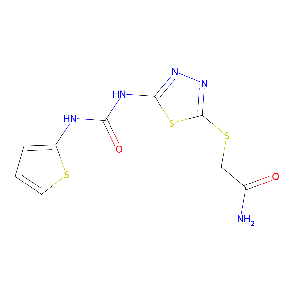 2-((5-(3-(Thiophen-2-yl)ureido)-1,3,4-thiadiazol-2-yl)thio)acetamide molecular structure, CAS 1002043-11-9