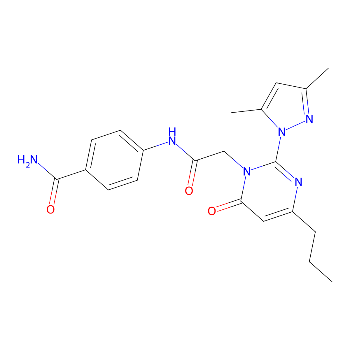 4-(2-(2-(3,5-dimethyl-1H-pyrazol-1-yl)-6-oxo-4-propylpyrimidin-1(6H)-yl)acetamido)benzamide molecular structure, CAS 1002043-24-4