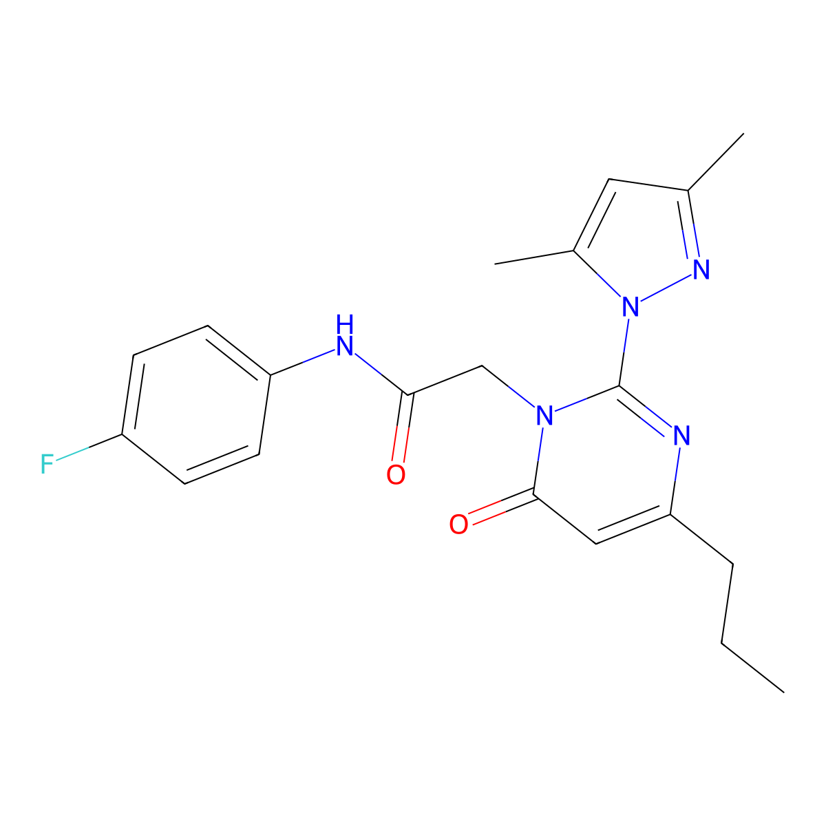 2-(2-(3,5-dimethyl-1H-pyrazol-1-yl)-6-oxo-4-propylpyrimidin-1(6H)-yl)-N-(4-fluorophenyl)acetamide molecular structure, CAS 1002044-01-0