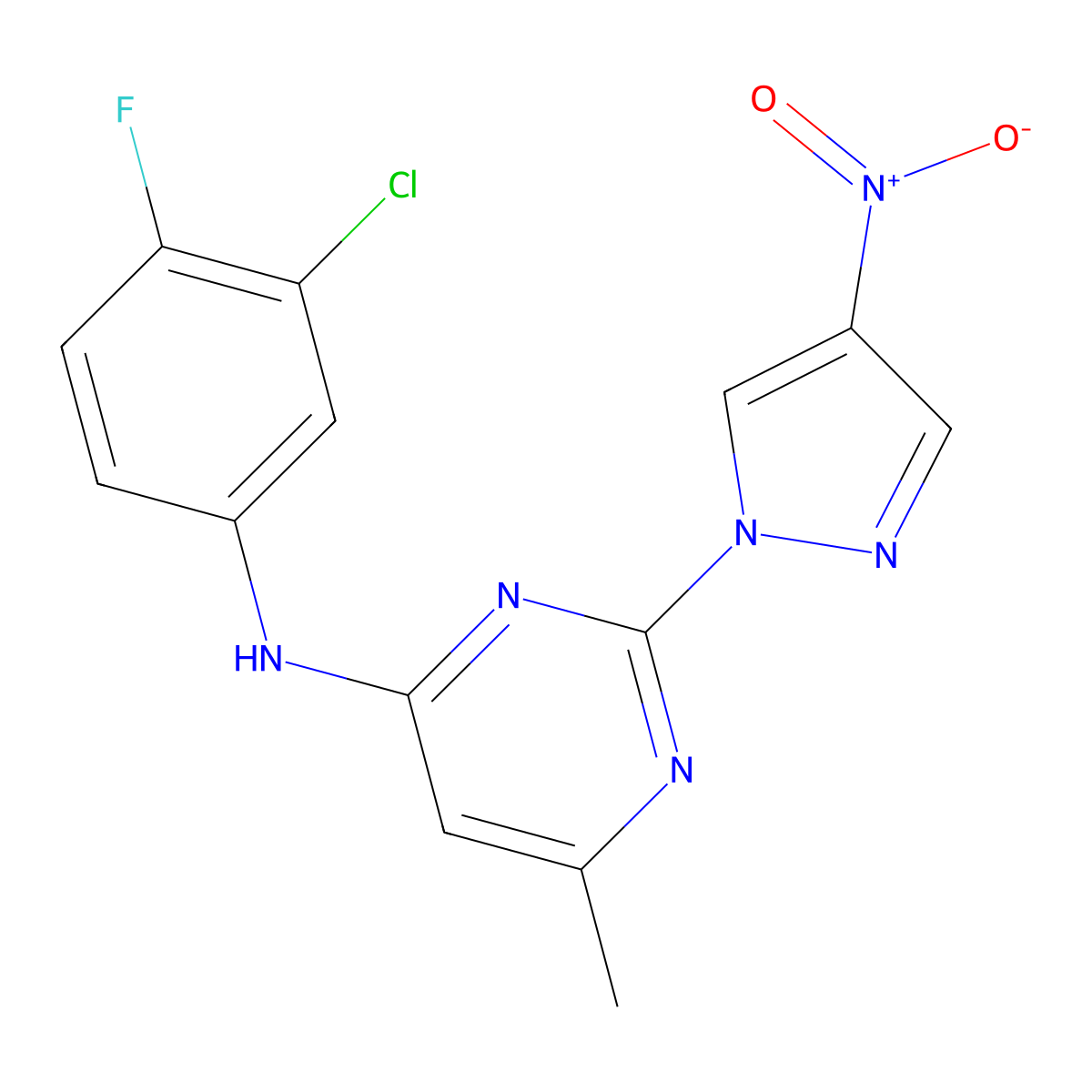 N-(3-chloro-4-fluorophenyl)-6-methyl-2-(4-nitro-1H-pyrazol-1-yl)pyrimidin-4-amine molecular structure, CAS 1002044-04-3
