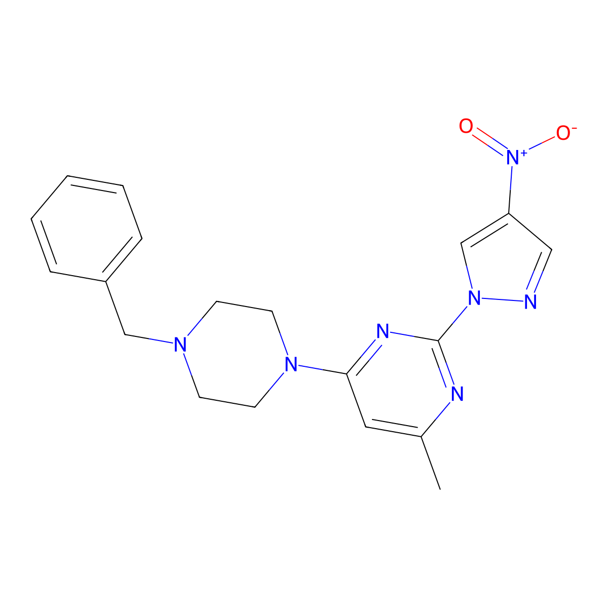 4-(4-benzylpiperazin-1-yl)-6-methyl-2-(4-nitro-1H-pyrazol-1-yl)pyrimidine molecular structure, CAS 1002044-09-8