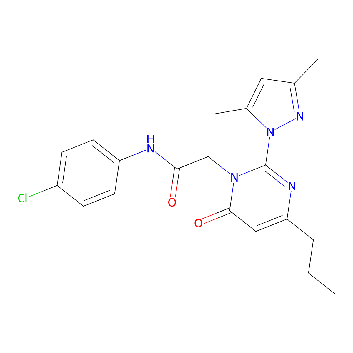 N-(4-chlorophenyl)-2-(2-(3,5-dimethyl-1H-pyrazol-1-yl)-6-oxo-4-propylpyrimidin-1(6H)-yl)acetamide molecular structure, CAS 1002044-20-3