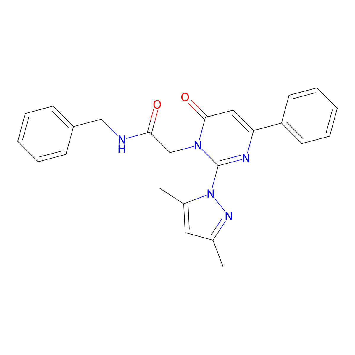 N-benzyl-2-(2-(3,5-dimethyl-1H-pyrazol-1-yl)-6-oxo-4-phenylpyrimidin-1(6H)-yl)acetamide molecular structure, CAS 1002045-50-2