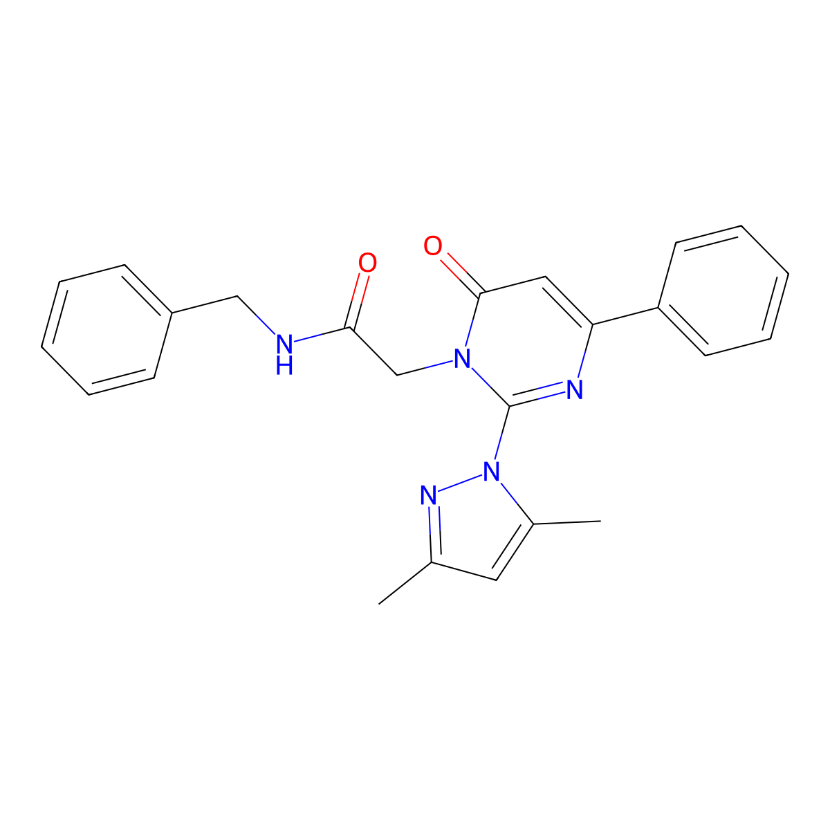 N-benzyl-2-(2-(3,5-dimethyl-1H-pyrazol-1-yl)-6-oxo-4-phenylpyrimidin-1(6H)-yl)acetamide molecular structure, CAS 1002045-50-2