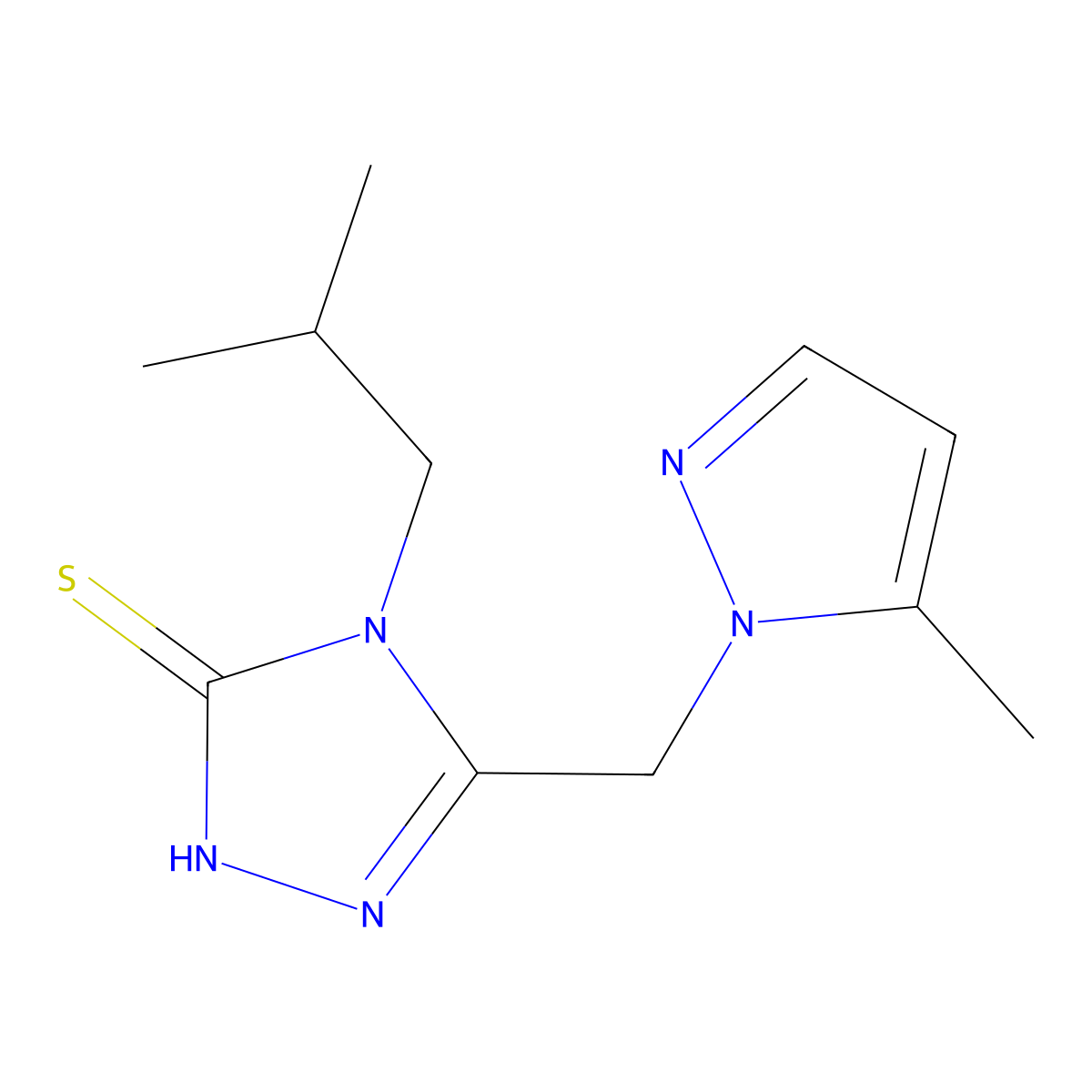 4-Isobutyl-5-((5-methyl-1H-pyrazol-1-yl)methyl)-4H-1,2,4-triazole-3-thiol molecular structure, CAS 1002205-07-3