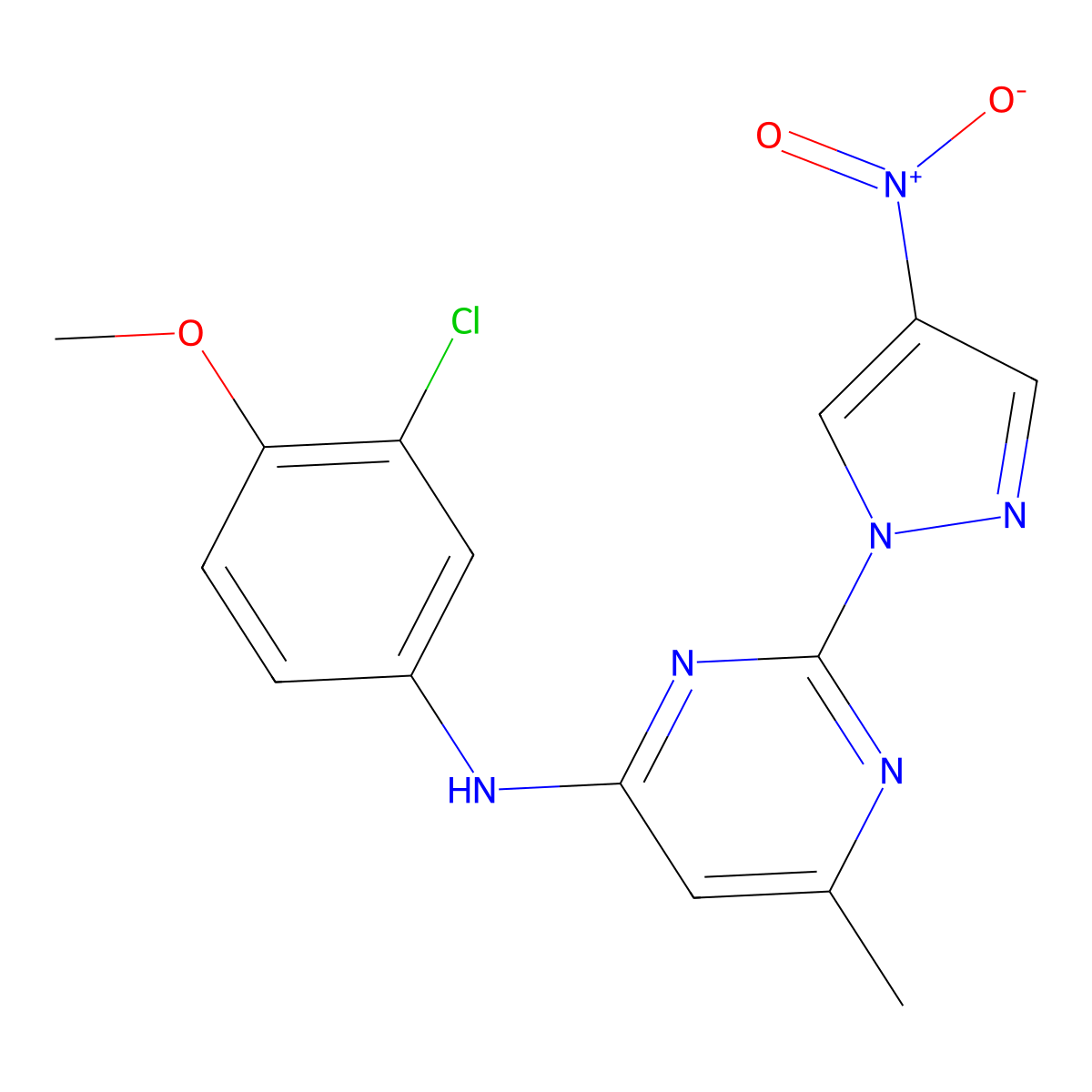N-(3-chloro-4-methoxyphenyl)-6-methyl-2-(4-nitro-1H-pyrazol-1-yl)pyrimidin-4-amine molecular structure, CAS 1002214-67-6